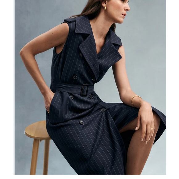 Ann Taylor Pinstripe Belted Trench Vest Navy/White Combo Medium - Picture 1 of 9